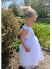 Cap Sleeves White Satin Tulle Pearls Embellished Flower Girl Dress